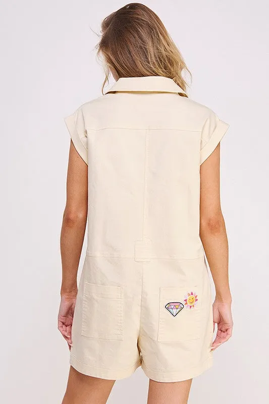 COTTON TWILL UTILITY ROMPER W/ PATCHWORK DETAIL - Online Exclusive