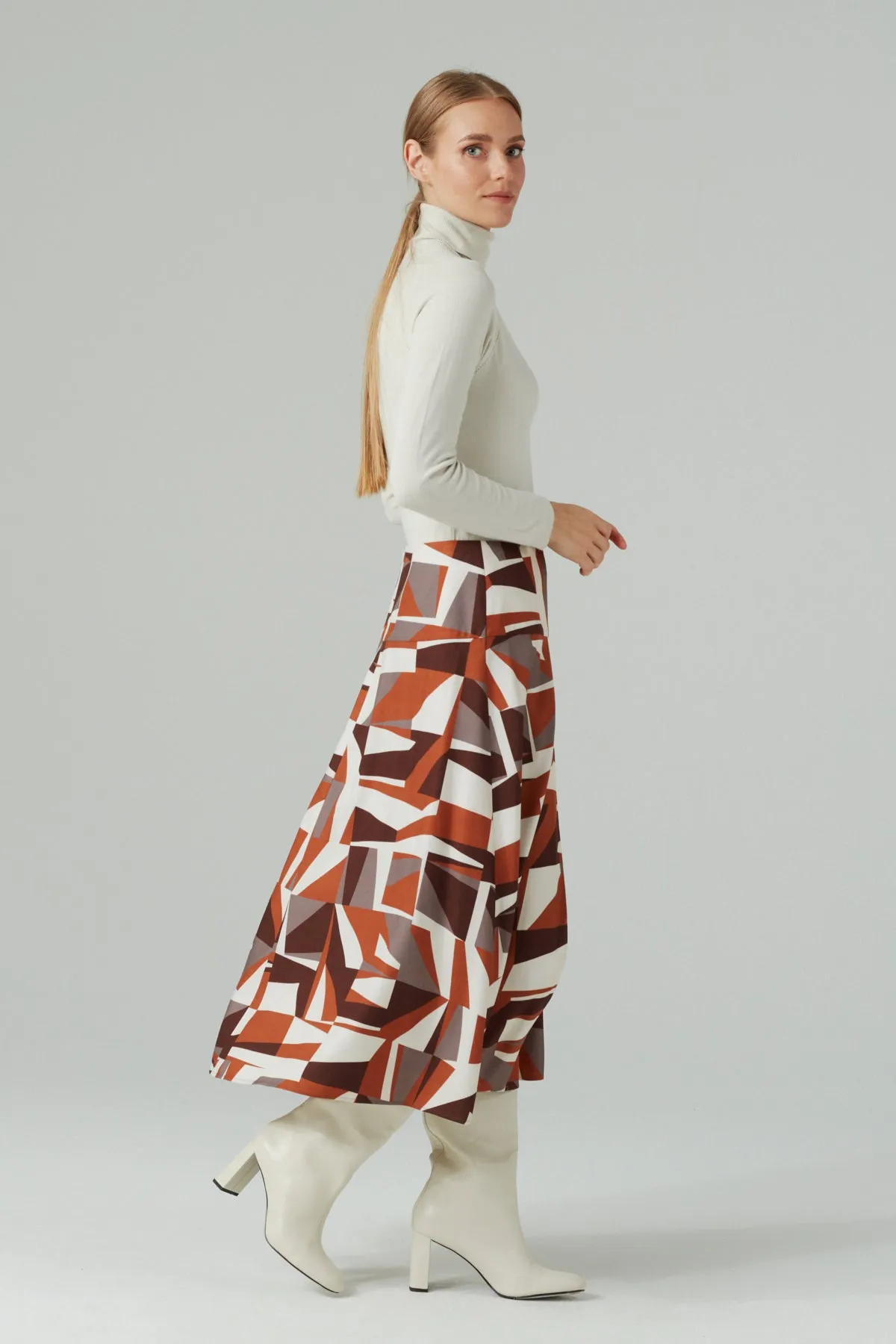 DESIGNER PRINT PLEATED A-LINE SKIRT