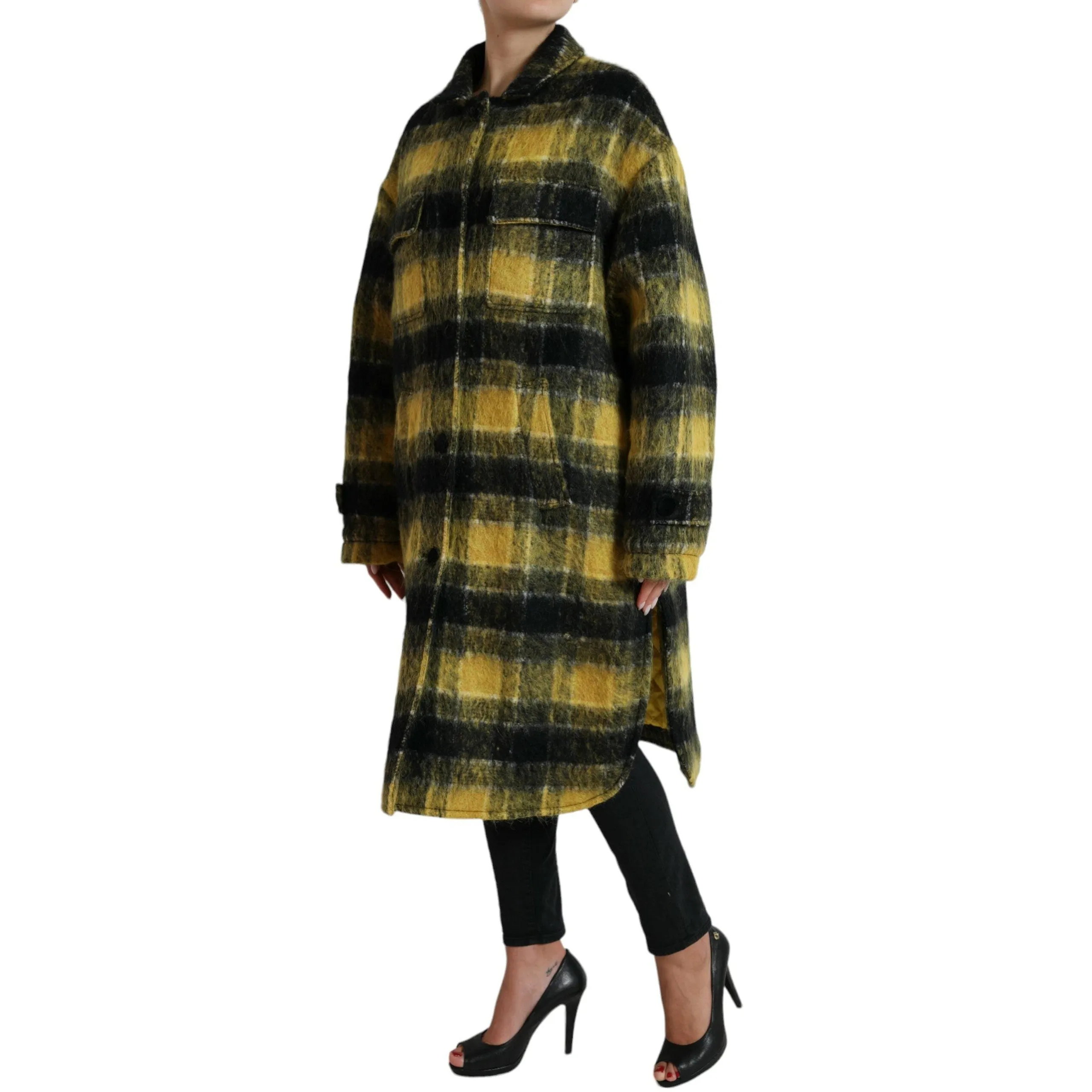 Dolce & Gabbana Chic Plaid Long Coat in Sunshine Yellow