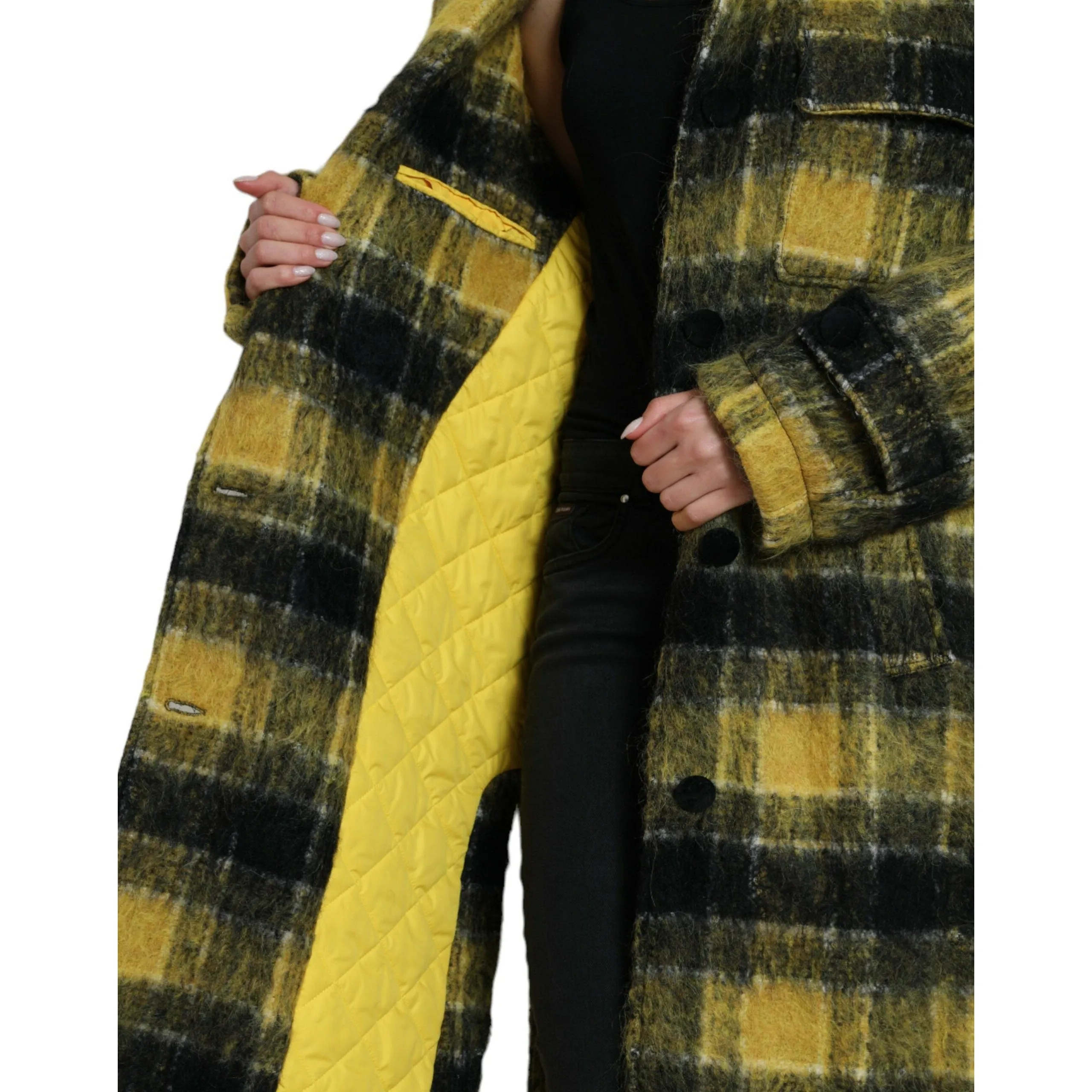 Dolce & Gabbana Chic Plaid Long Coat in Sunshine Yellow