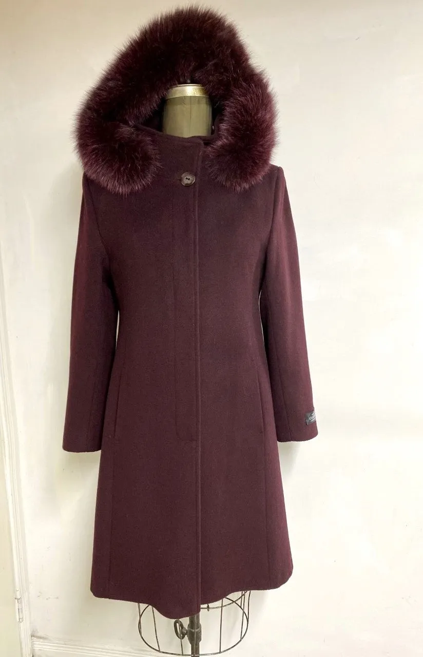 Elena Classic Coat - 50% Cashmere & Wool Blend - Detachable Fox Hood