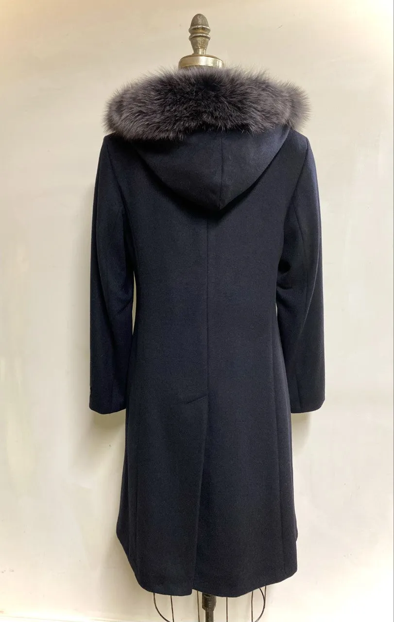 Elena Classic Coat - 50% Cashmere & Wool Blend - Detachable Fox Hood