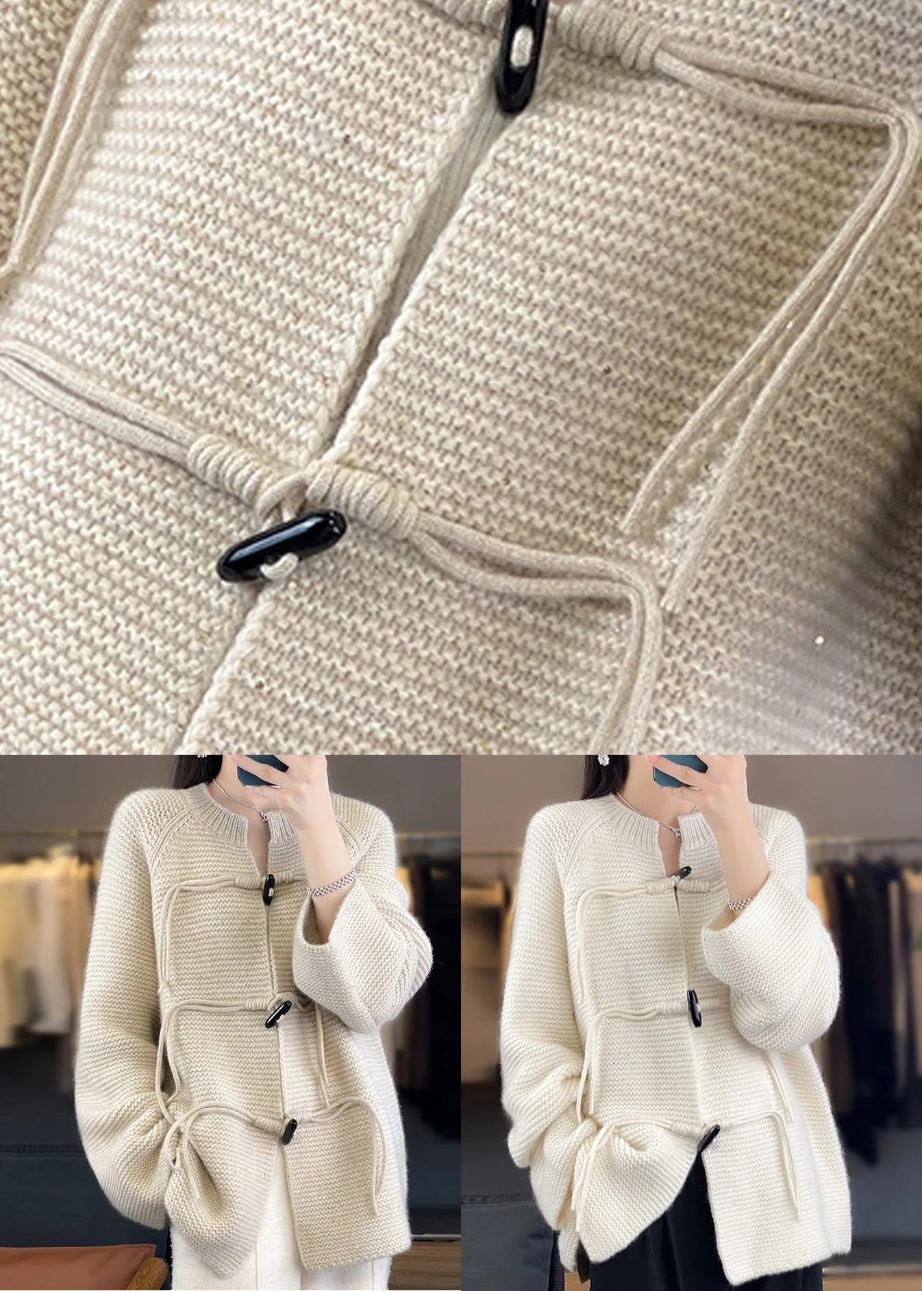 French Beige Button Cozy Woolen Knit Coats Fall AB1030