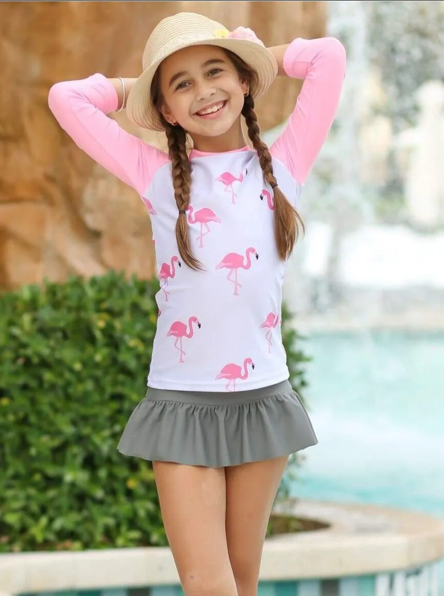 Girls Fabulous Flamingo Rash Guard Two Piece Swimsuit