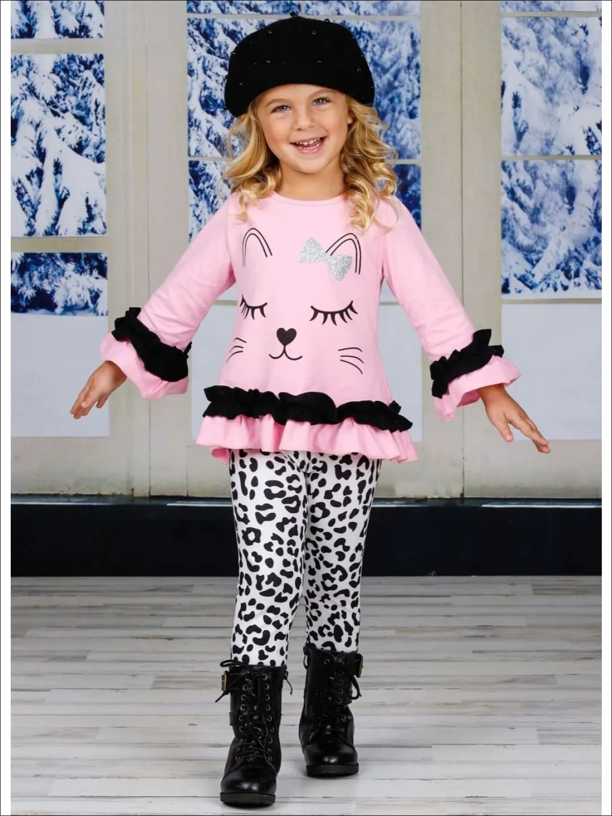 Girls Long Sleeve Kitty Face Ruffled Tunic and Animal Print Legging Set