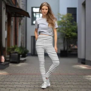 Grey Striped Women's Yoga Leggings, White Gray Horizontal Striped Long Yoga Tights-Made in USA/EU