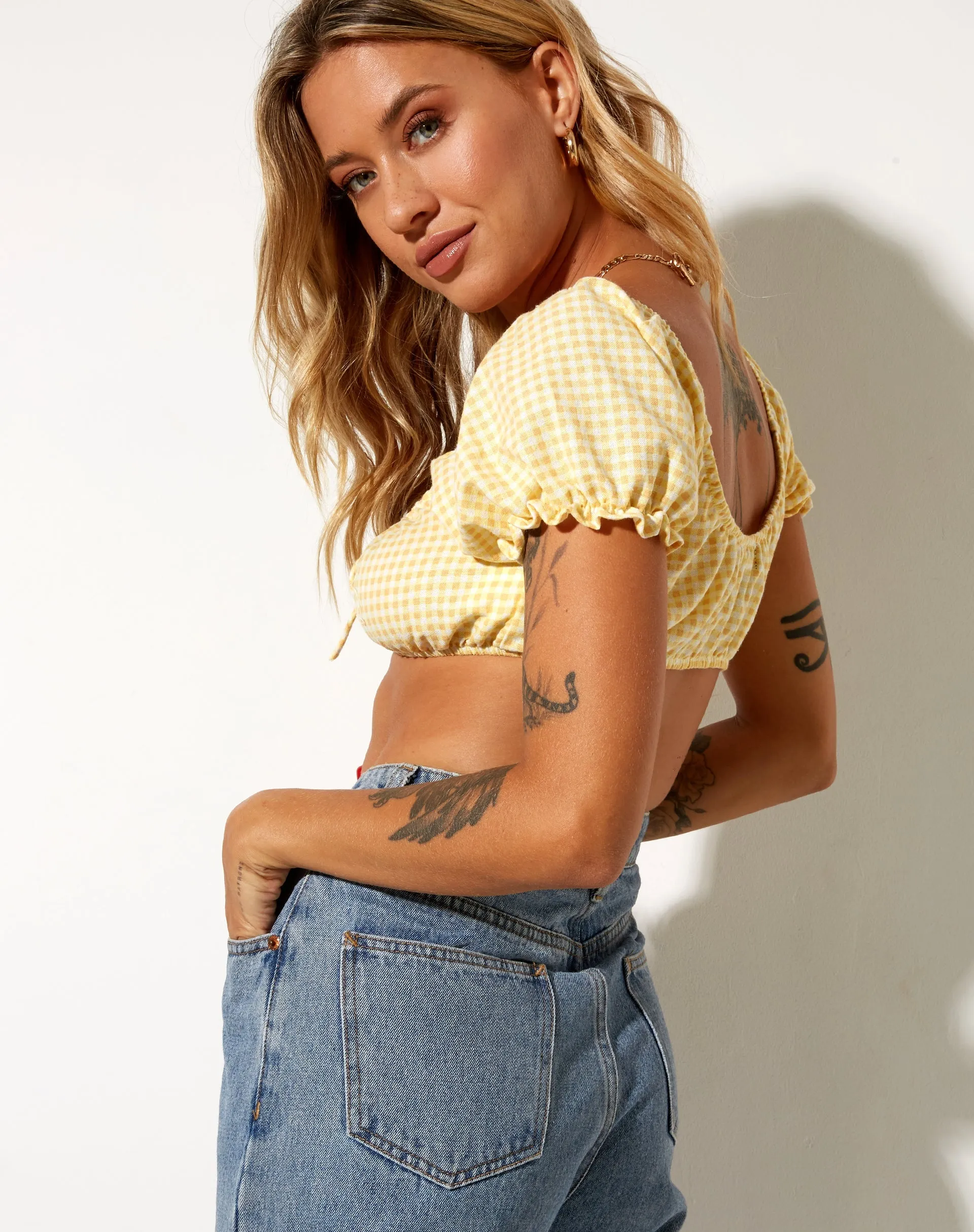 Haenji Crop Top in Lemon Gingham Yellow