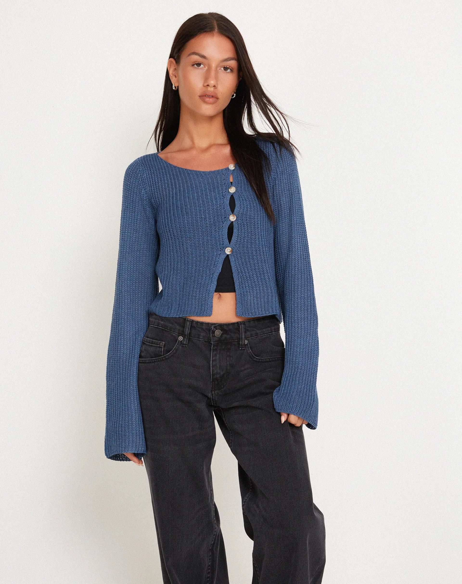 Kazayo Long Sleeve Knit Top in Midnight Blue