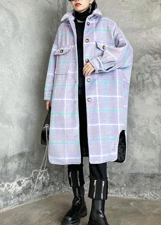 Luxury light blue plaid wool coat winter lapel asymmetric coats