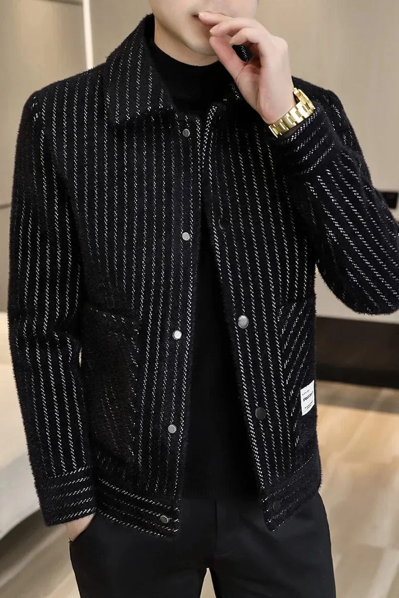 Luxury Striped Men's Jacket Smart Casual Business Wool Blends Slim Coat