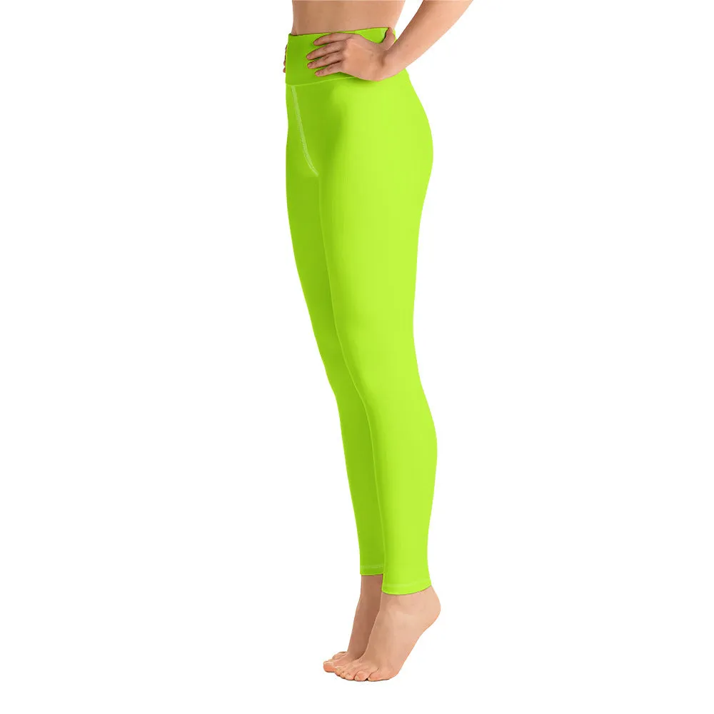 Neon Green Women's Leggings, Bright Solid Green Color Active Wear Sports Long Yoga Pants - Made in USA/EU/MX