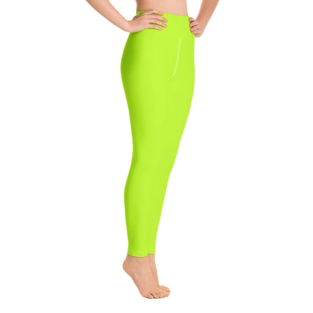 Neon Green Women's Leggings, Bright Solid Green Color Active Wear Sports Long Yoga Pants - Made in USA/EU/MX