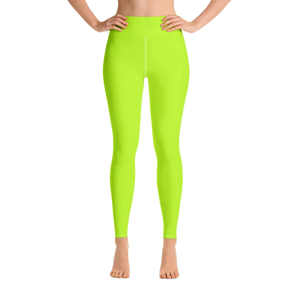 Neon Green Women's Leggings, Bright Solid Green Color Active Wear Sports Long Yoga Pants - Made in USA/EU/MX