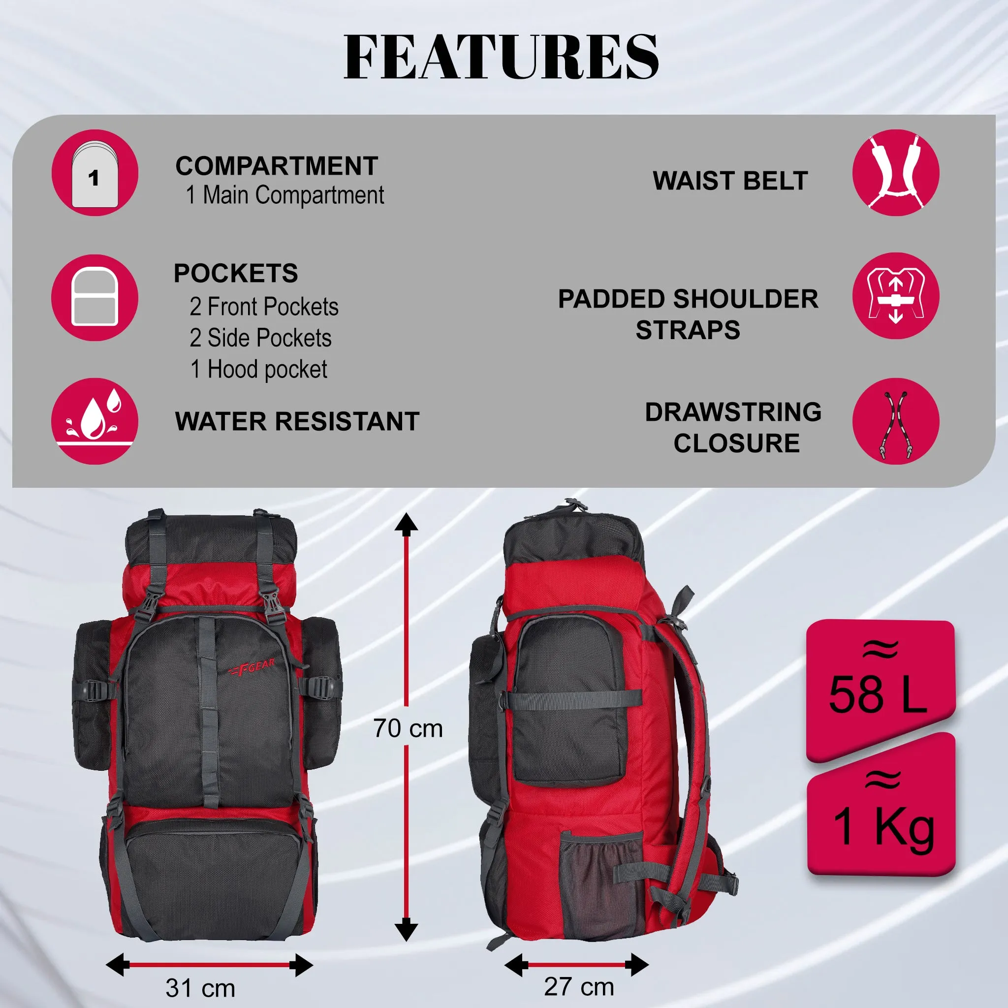 Otto 58L Grey Red Rucksack