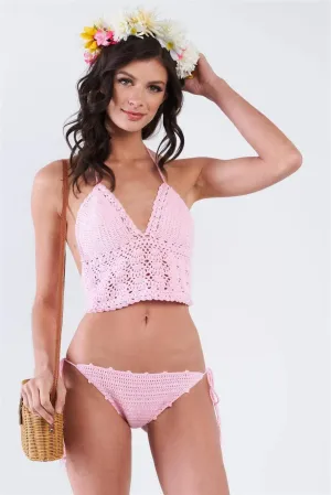 Pink Self-Tie Halter Neck Crochet Two Piece Swimsuit