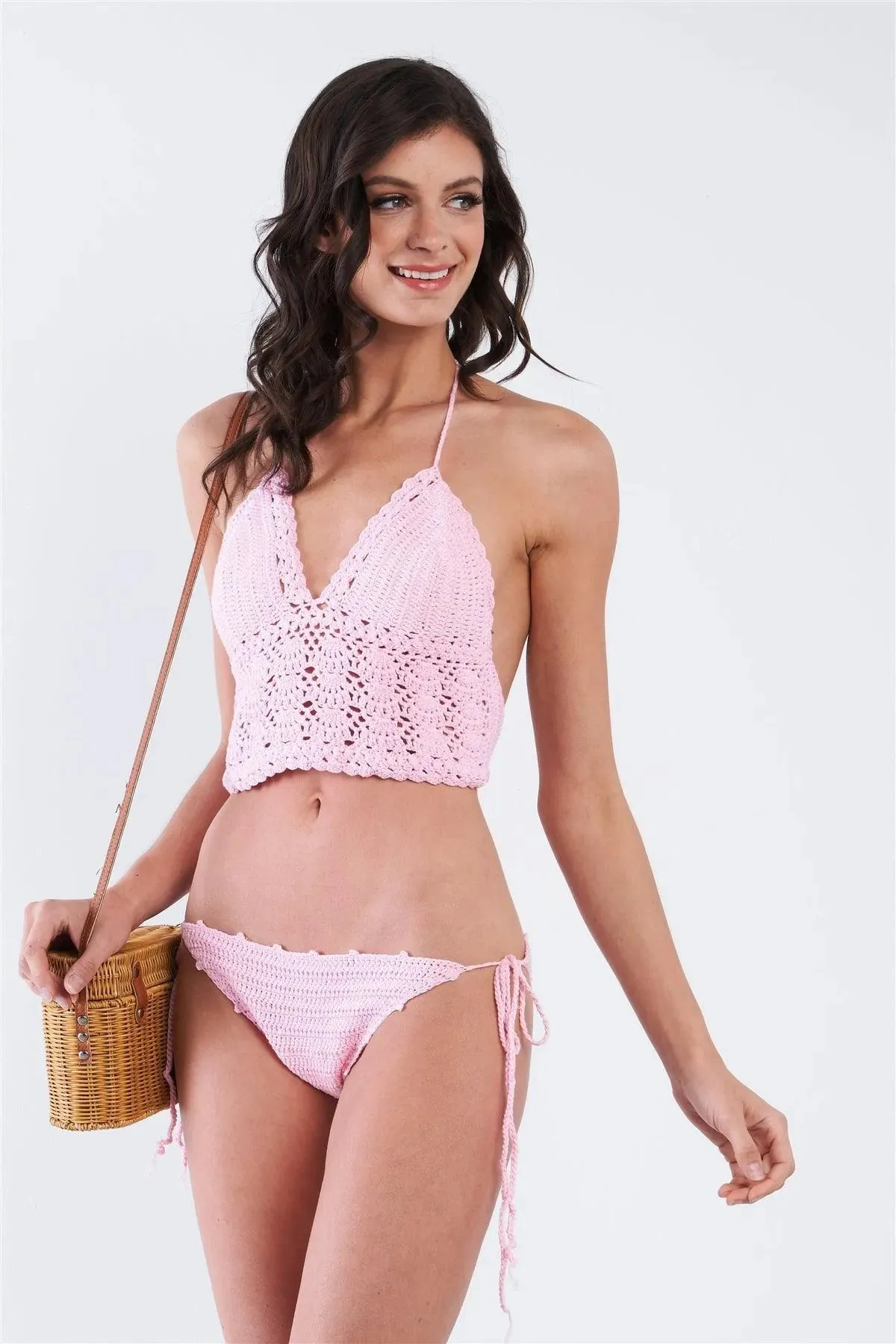 Pink Self-Tie Halter Neck Crochet Two Piece Swimsuit