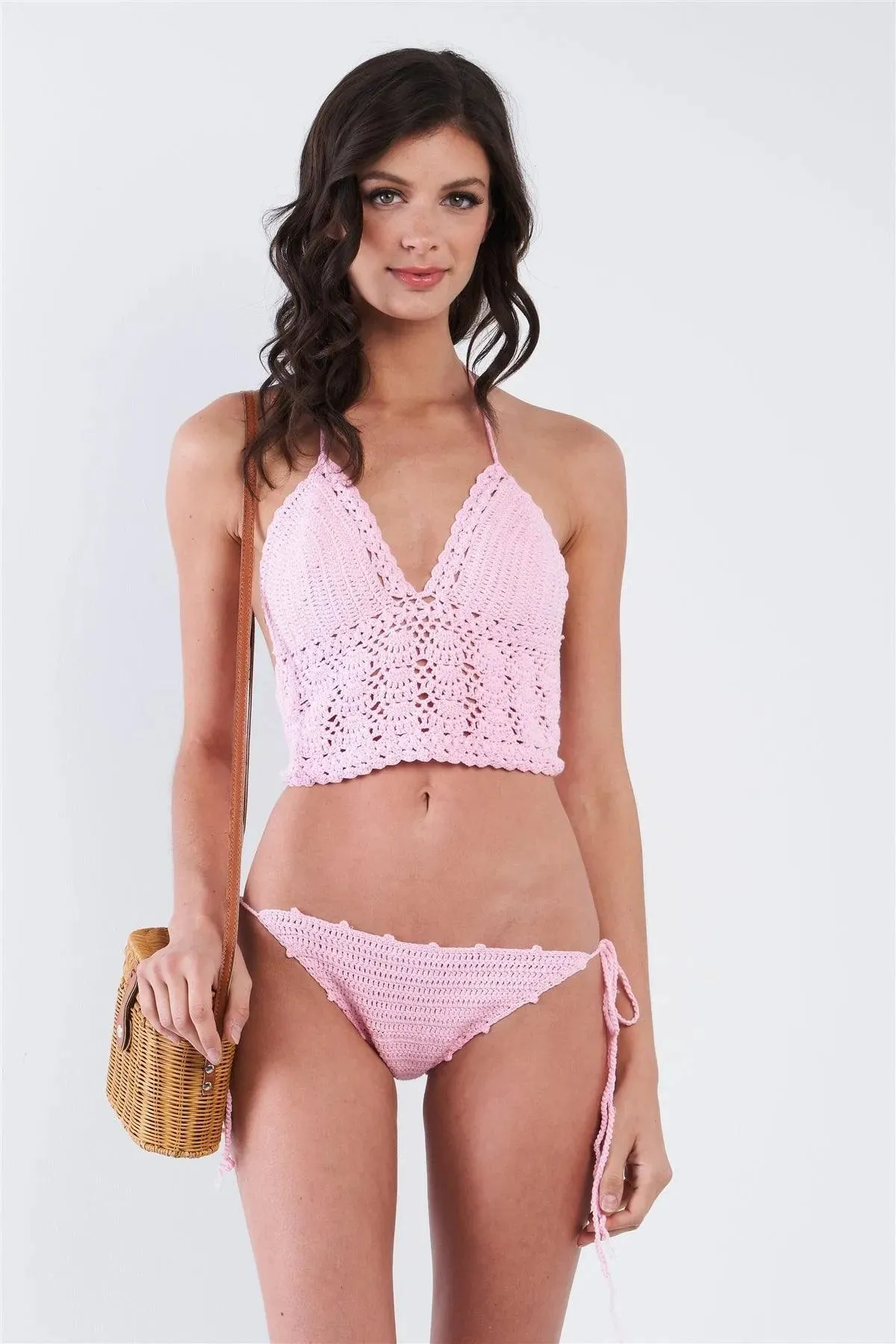 Pink Self-Tie Halter Neck Crochet Two Piece Swimsuit