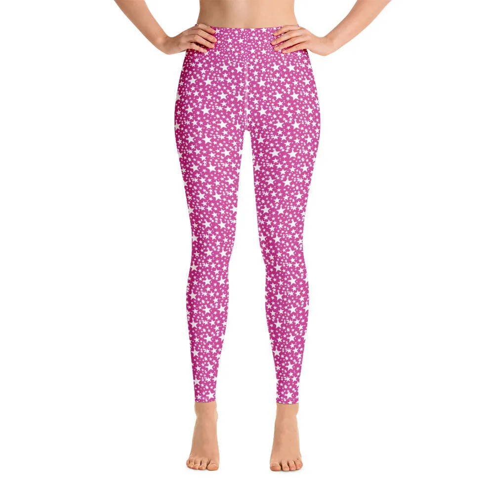 Pink White Stars Women's Leggings, Star Pattern Designer Yoga Pants- Made in USA/EU