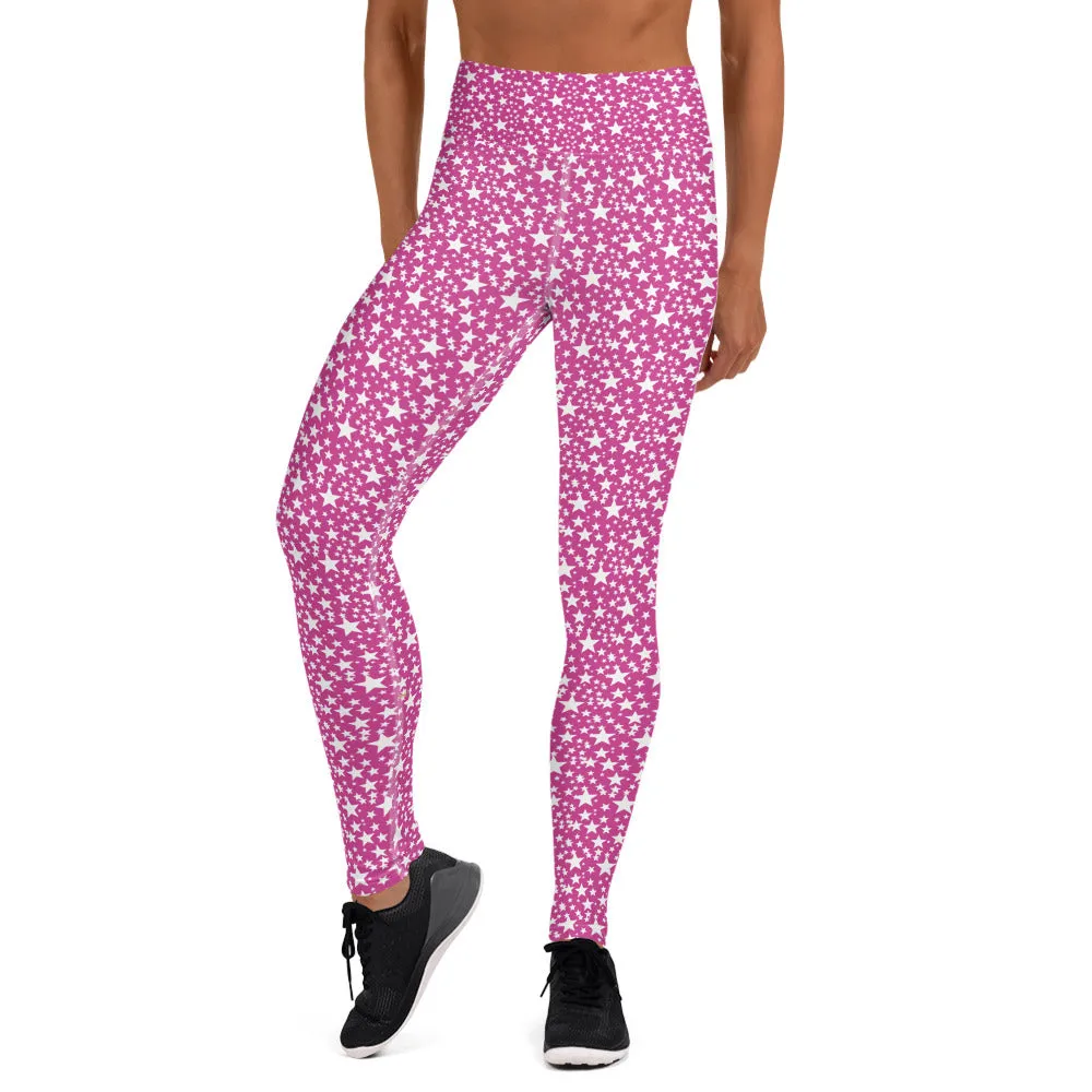 Pink White Stars Women's Leggings, Star Pattern Designer Yoga Pants- Made in USA/EU