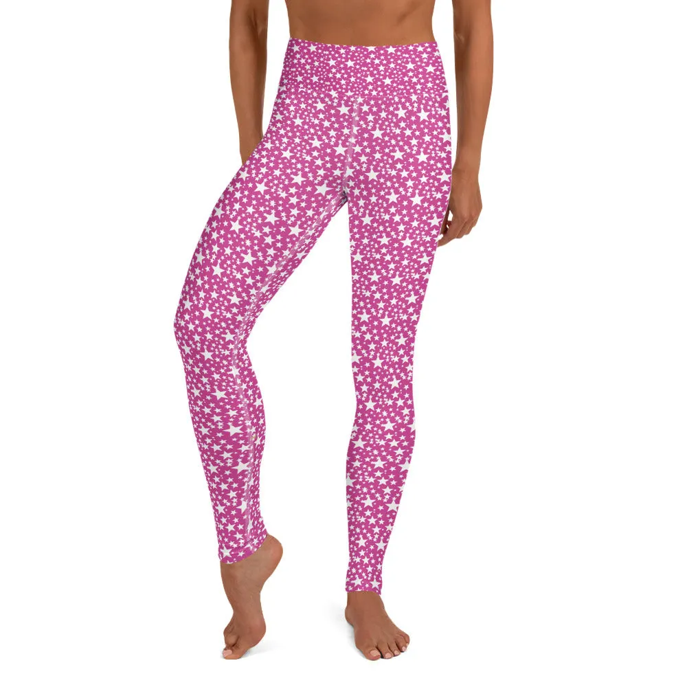 Pink White Stars Women's Leggings, Star Pattern Designer Yoga Pants- Made in USA/EU