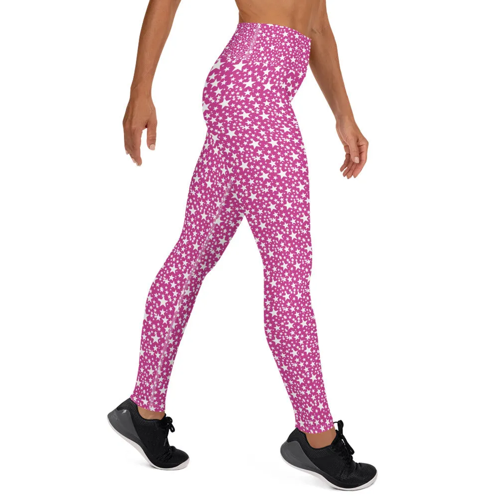 Pink White Stars Women's Leggings, Star Pattern Designer Yoga Pants- Made in USA/EU