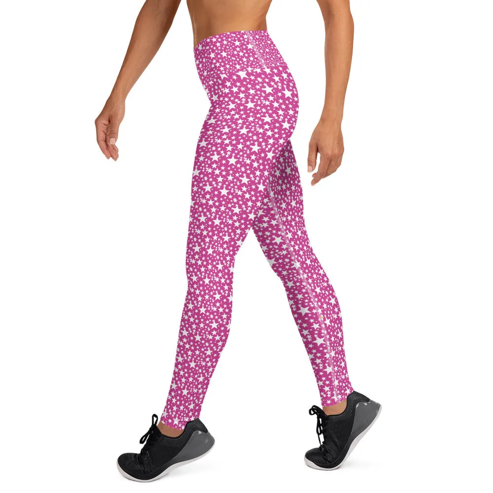 Pink White Stars Women's Leggings, Star Pattern Designer Yoga Pants- Made in USA/EU