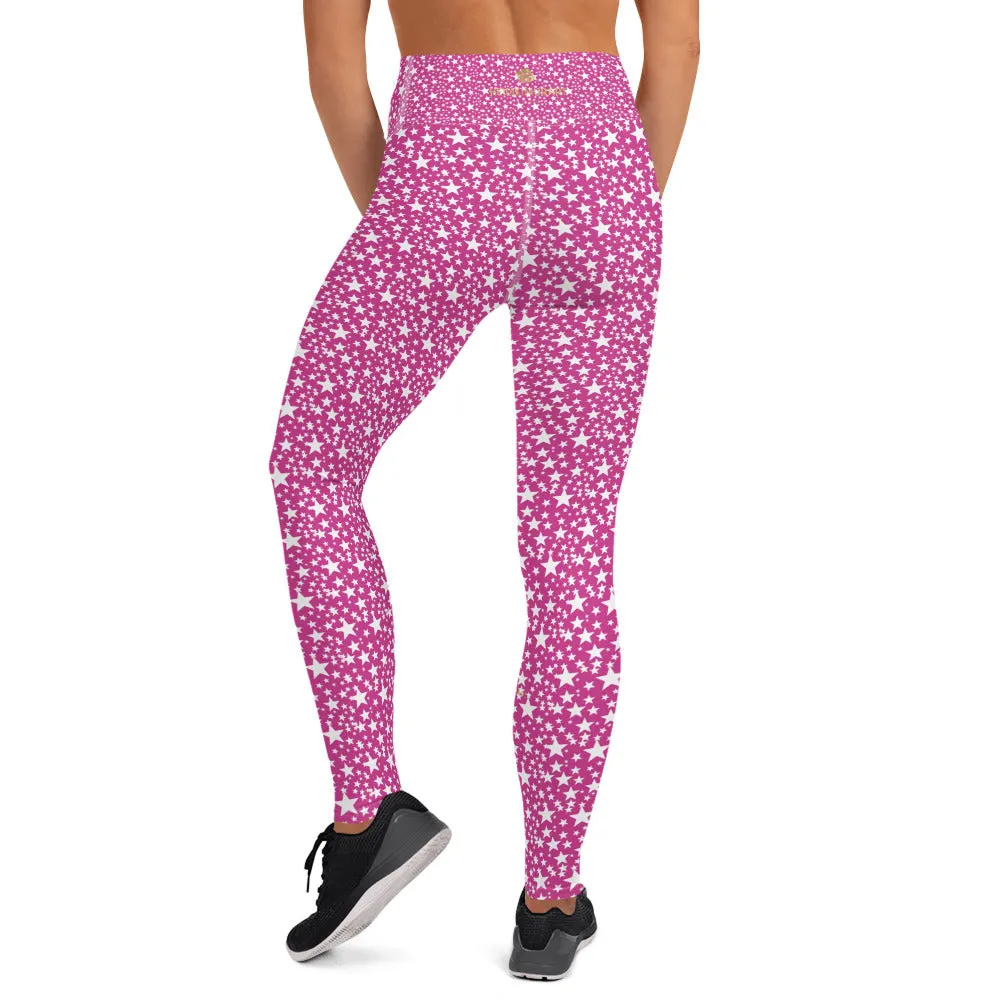 Pink White Stars Women's Leggings, Star Pattern Designer Yoga Pants- Made in USA/EU