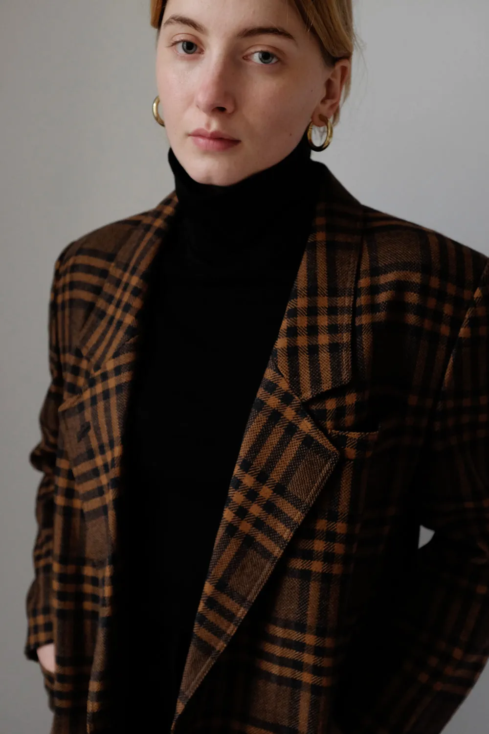 PURE WOOL TARTAN BROWN BLACK VINTAGE BLAZER