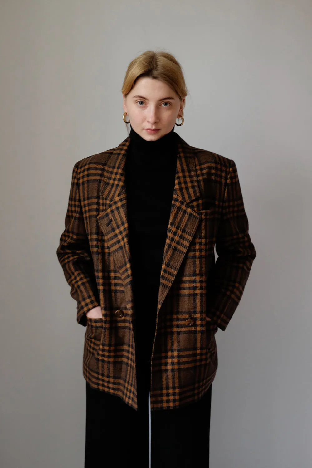 PURE WOOL TARTAN BROWN BLACK VINTAGE BLAZER