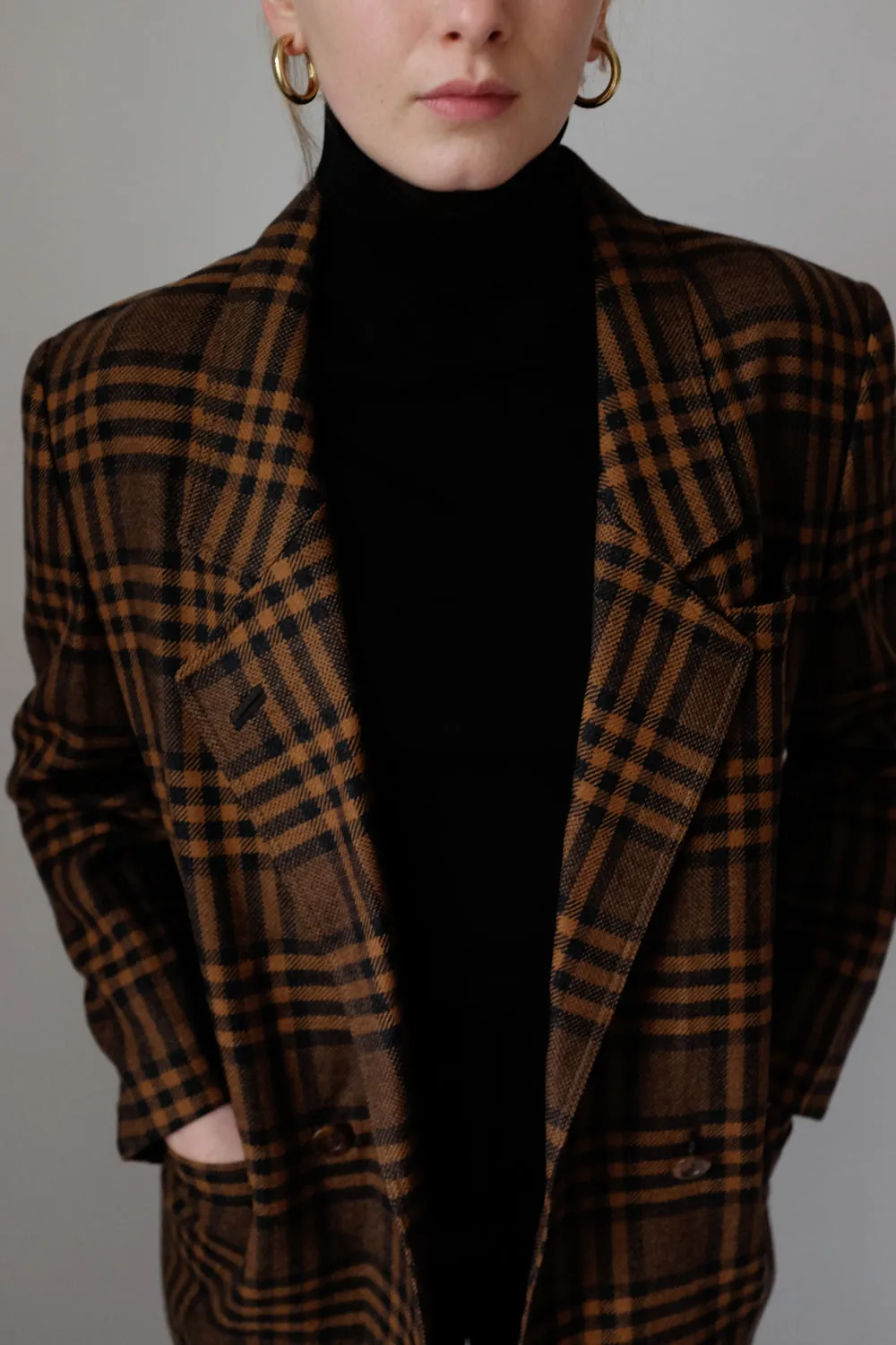 PURE WOOL TARTAN BROWN BLACK VINTAGE BLAZER