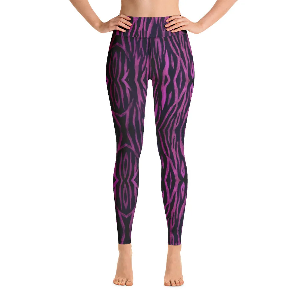 Purple Tiger Striped Yoga Leggings, Tiger Stripes Animal Print Women's Tights-Made in USA/EU/MX