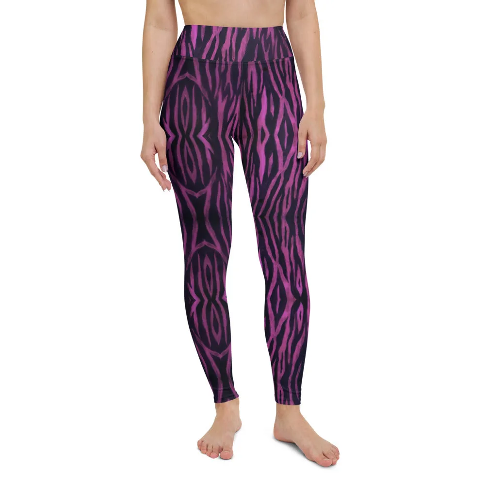 Purple Tiger Striped Yoga Leggings, Tiger Stripes Animal Print Women's Tights-Made in USA/EU/MX