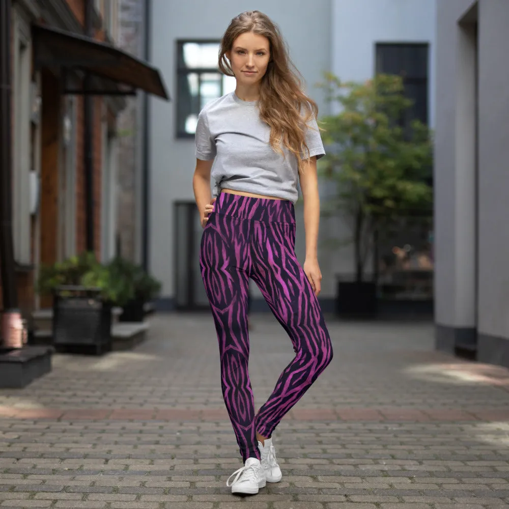 Purple Tiger Striped Yoga Leggings, Tiger Stripes Animal Print Women's Tights-Made in USA/EU/MX