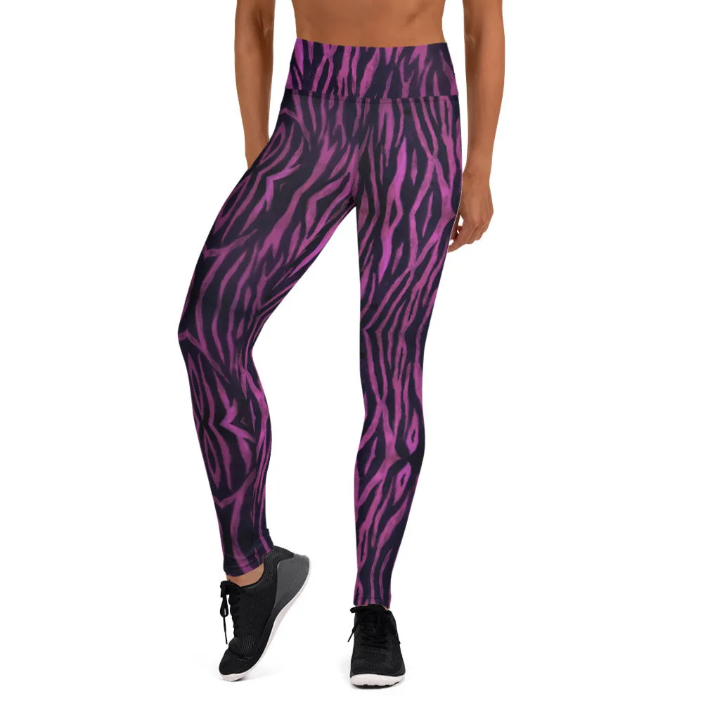 Purple Tiger Striped Yoga Leggings, Tiger Stripes Animal Print Women's Tights-Made in USA/EU/MX