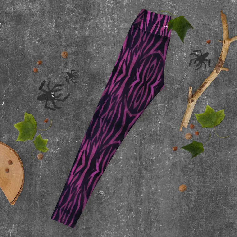 Purple Tiger Striped Yoga Leggings, Tiger Stripes Animal Print Women's Tights-Made in USA/EU/MX