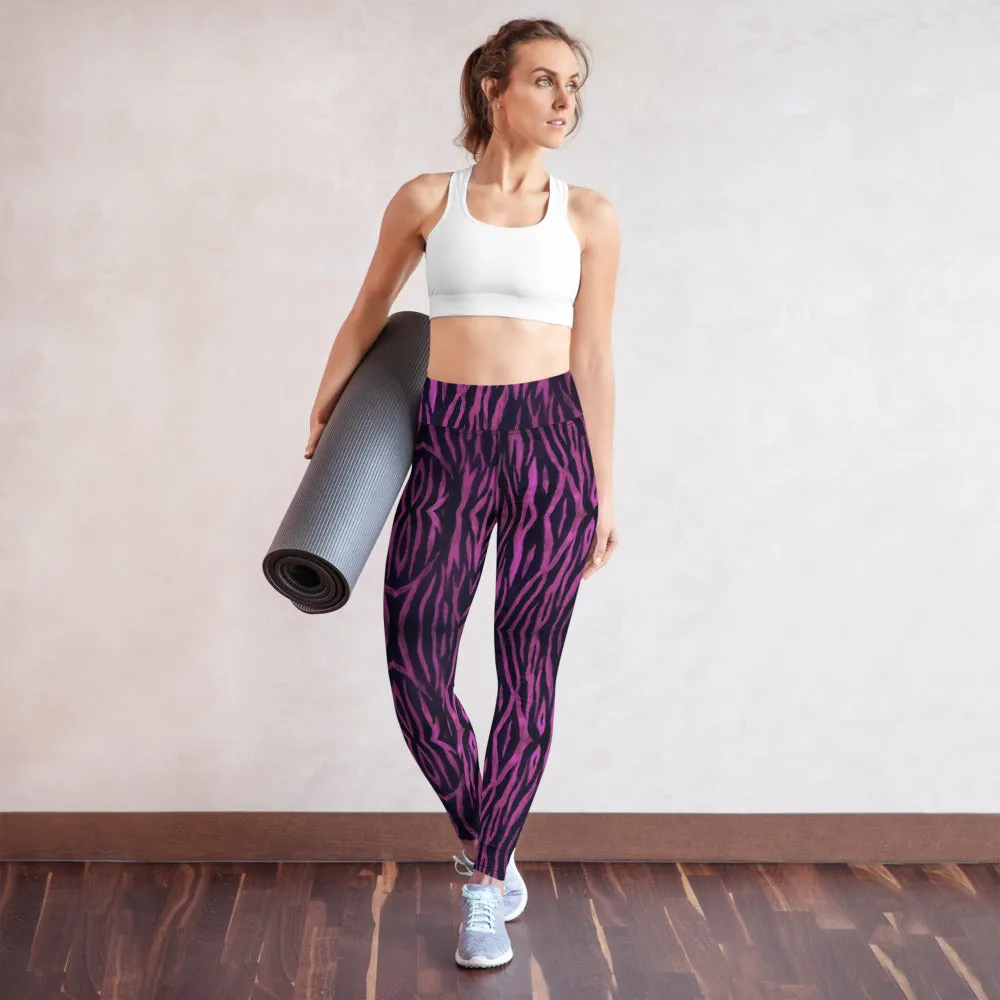 Purple Tiger Striped Yoga Leggings, Tiger Stripes Animal Print Women's Tights-Made in USA/EU/MX