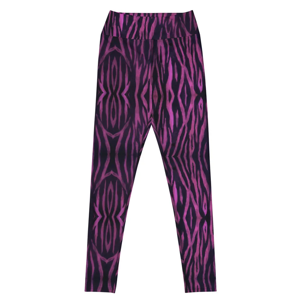 Purple Tiger Striped Yoga Leggings, Tiger Stripes Animal Print Women's Tights-Made in USA/EU/MX