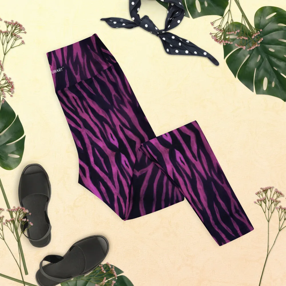 Purple Tiger Striped Yoga Leggings, Tiger Stripes Animal Print Women's Tights-Made in USA/EU/MX