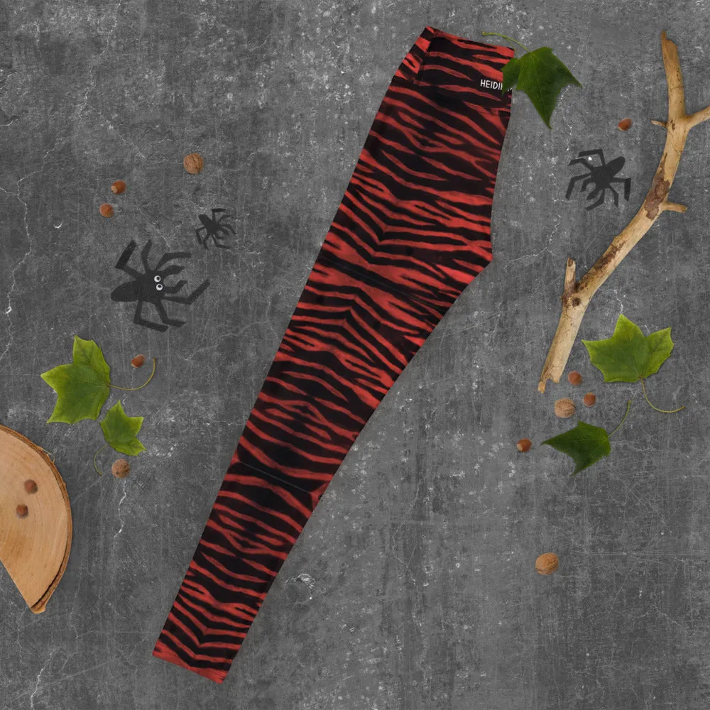 Red Tiger Women's Yoga Leggings, Red Black Tiger Striped Animal Print Gym Tights-Made in USA/EU