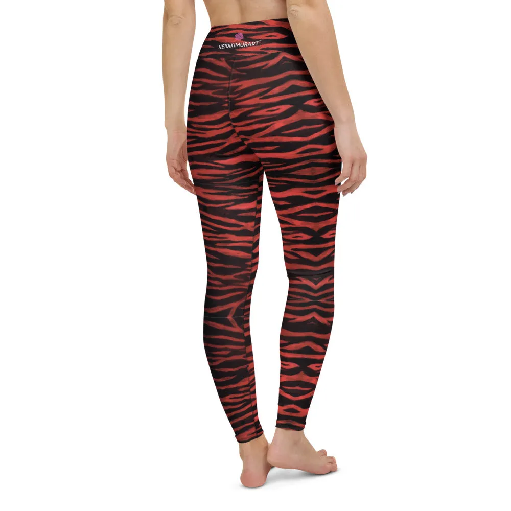 Red Tiger Women's Yoga Leggings, Red Black Tiger Striped Animal Print Gym Tights-Made in USA/EU