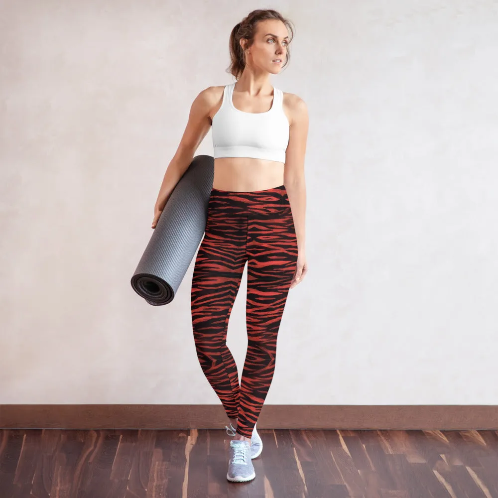 Red Tiger Women's Yoga Leggings, Red Black Tiger Striped Animal Print Gym Tights-Made in USA/EU