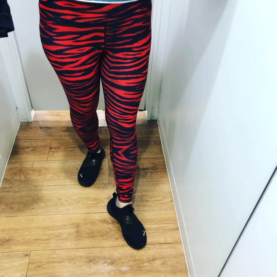 Red Tiger Women's Yoga Leggings, Red Black Tiger Striped Animal Print Gym Tights-Made in USA/EU