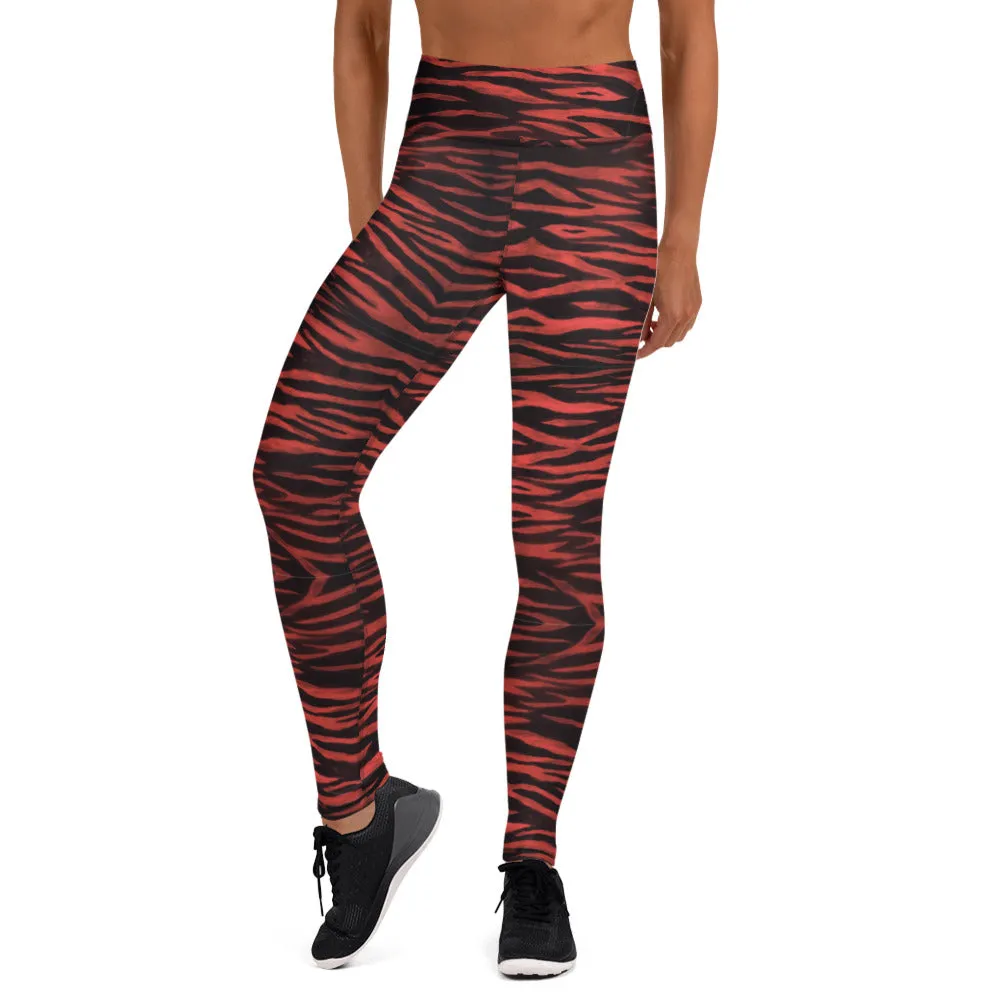 Red Tiger Women's Yoga Leggings, Red Black Tiger Striped Animal Print Gym Tights-Made in USA/EU