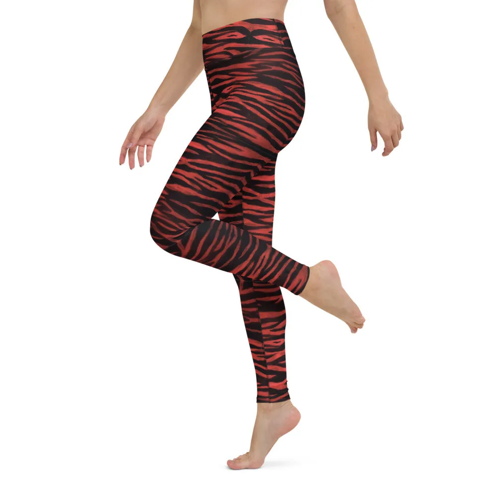 Red Tiger Women's Yoga Leggings, Red Black Tiger Striped Animal Print Gym Tights-Made in USA/EU