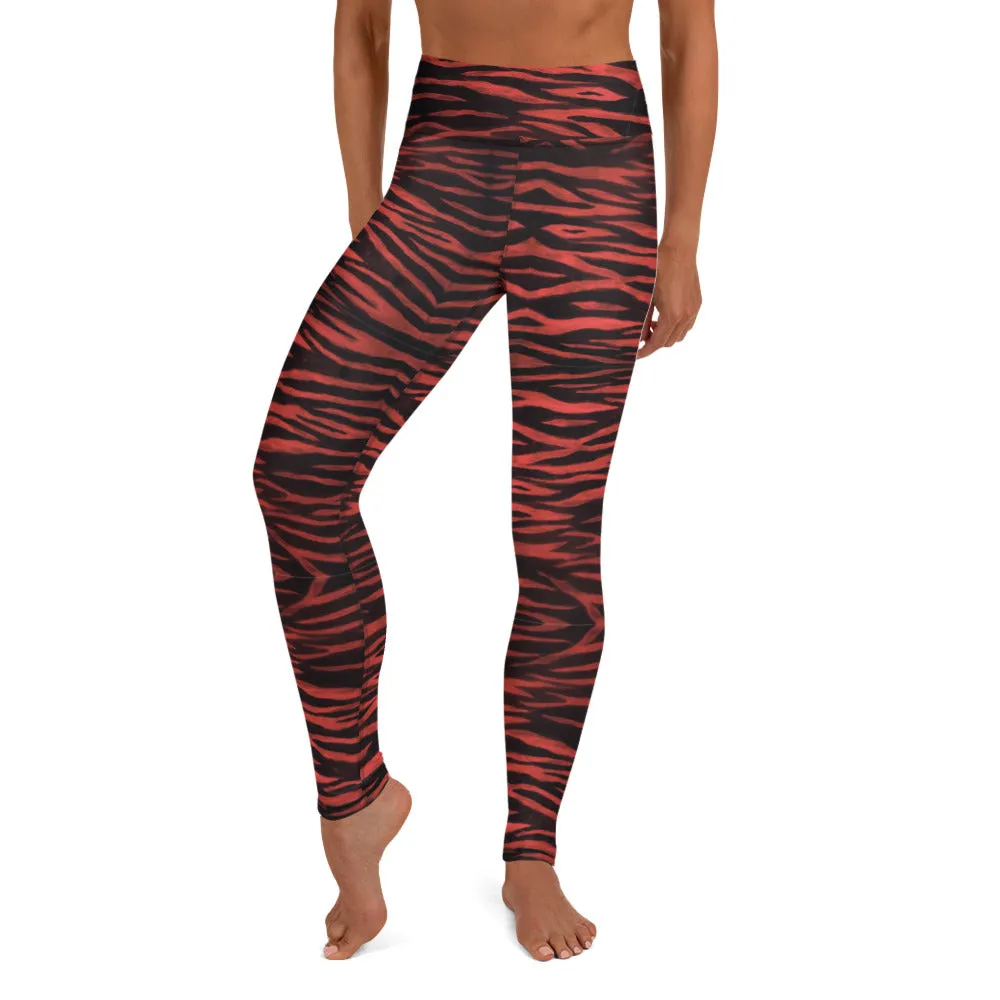 Red Tiger Women's Yoga Leggings, Red Black Tiger Striped Animal Print Gym Tights-Made in USA/EU