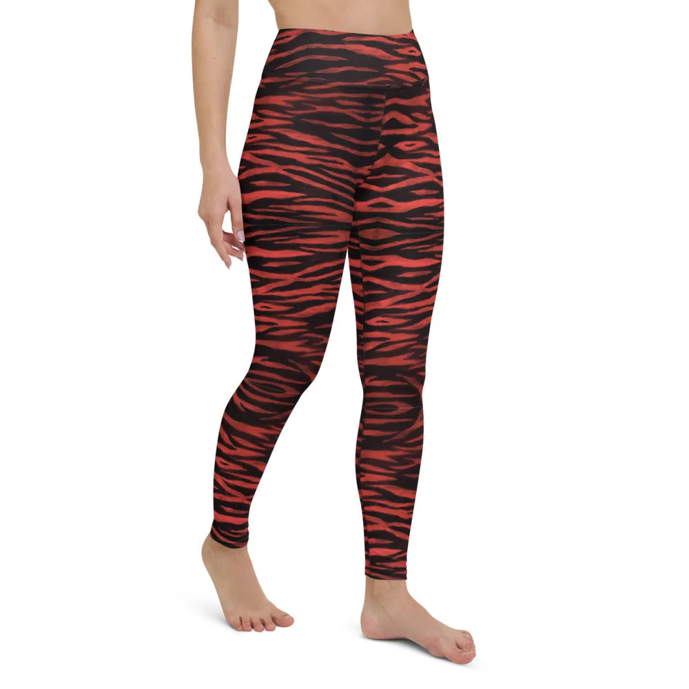 Red Tiger Women's Yoga Leggings, Red Black Tiger Striped Animal Print Gym Tights-Made in USA/EU