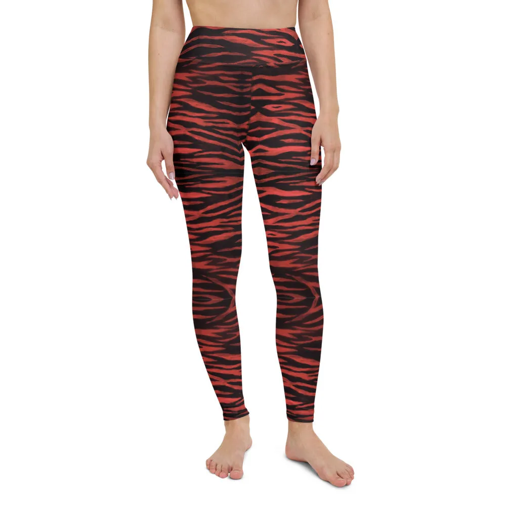 Red Tiger Women's Yoga Leggings, Red Black Tiger Striped Animal Print Gym Tights-Made in USA/EU