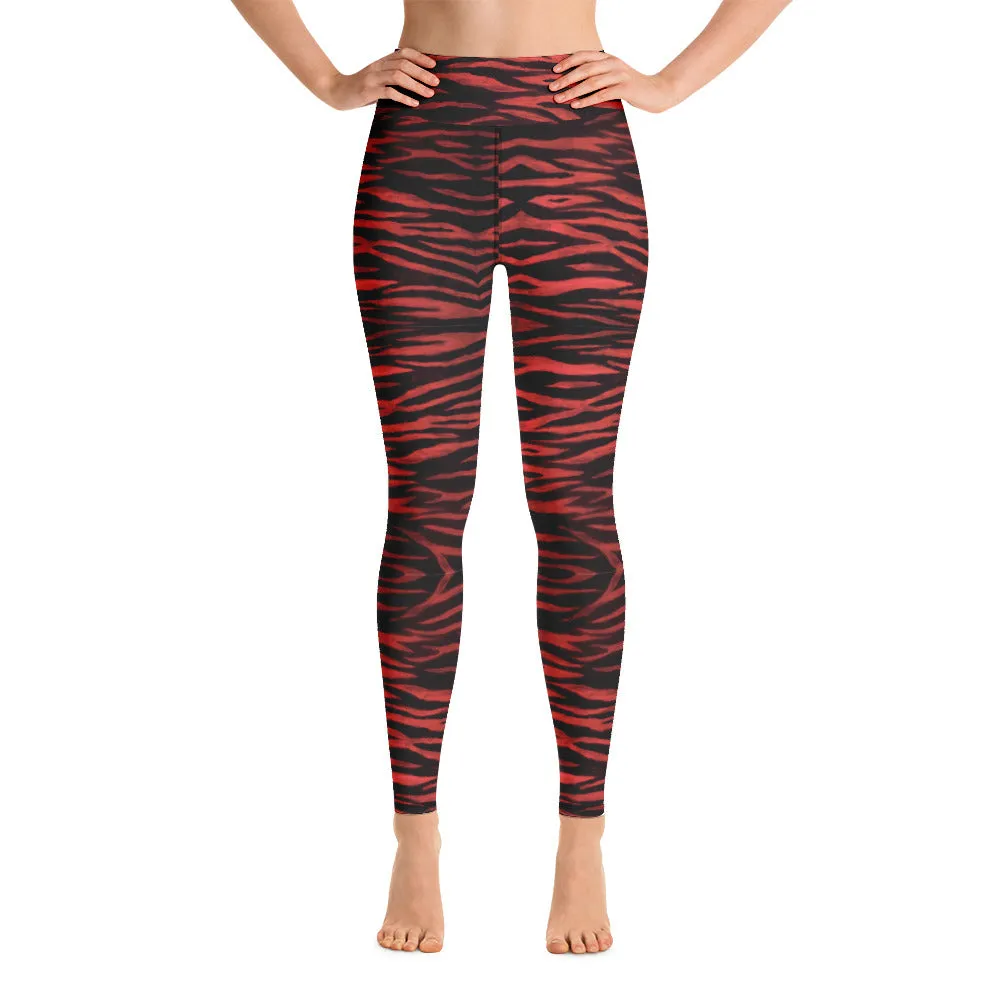 Red Tiger Women's Yoga Leggings, Red Black Tiger Striped Animal Print Gym Tights-Made in USA/EU