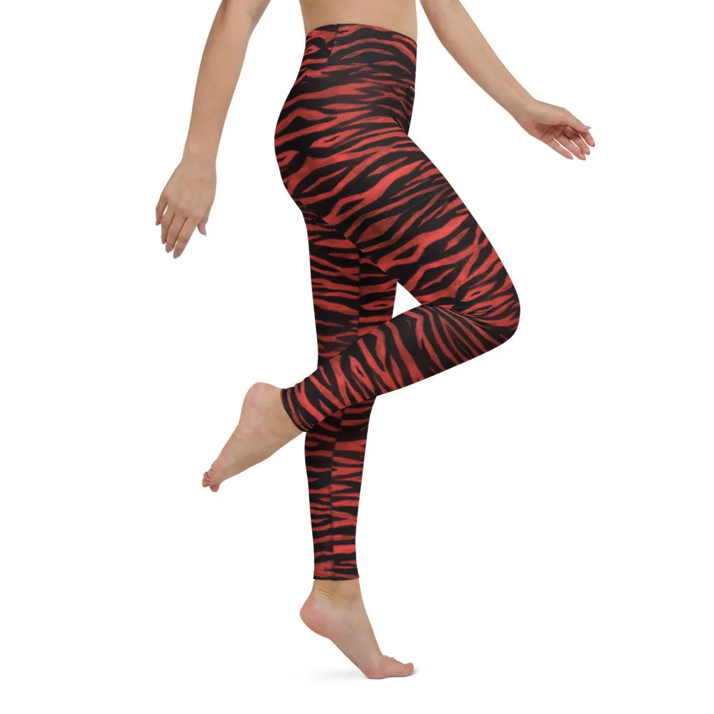 Red Tiger Women's Yoga Leggings, Red Black Tiger Striped Animal Print Gym Tights-Made in USA/EU