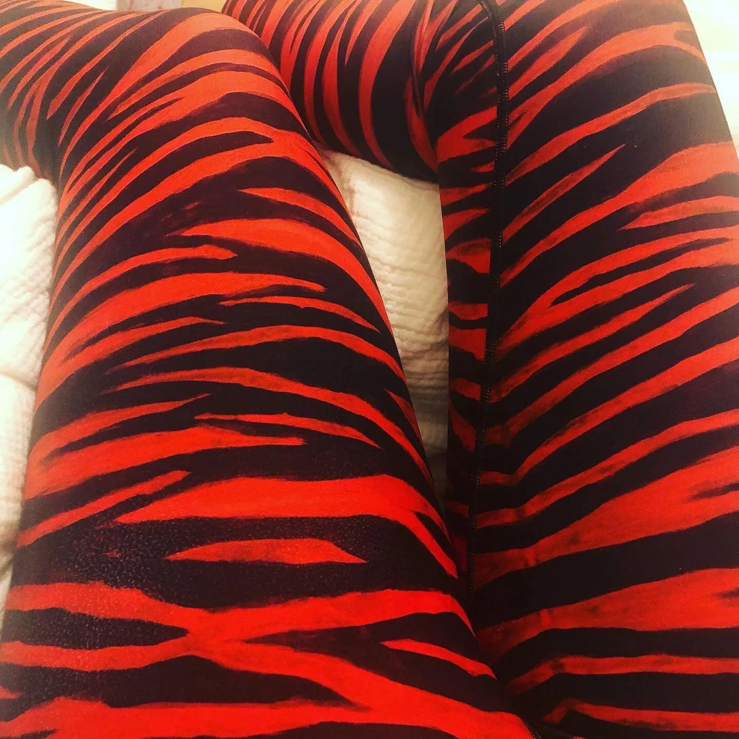 Red Tiger Women's Yoga Leggings, Red Black Tiger Striped Animal Print Gym Tights-Made in USA/EU